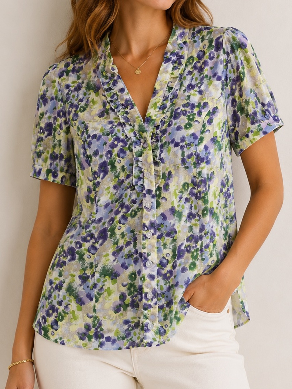 Ricki’s Purple Green Floral Ruffle Button Front Blouse Top Size 6